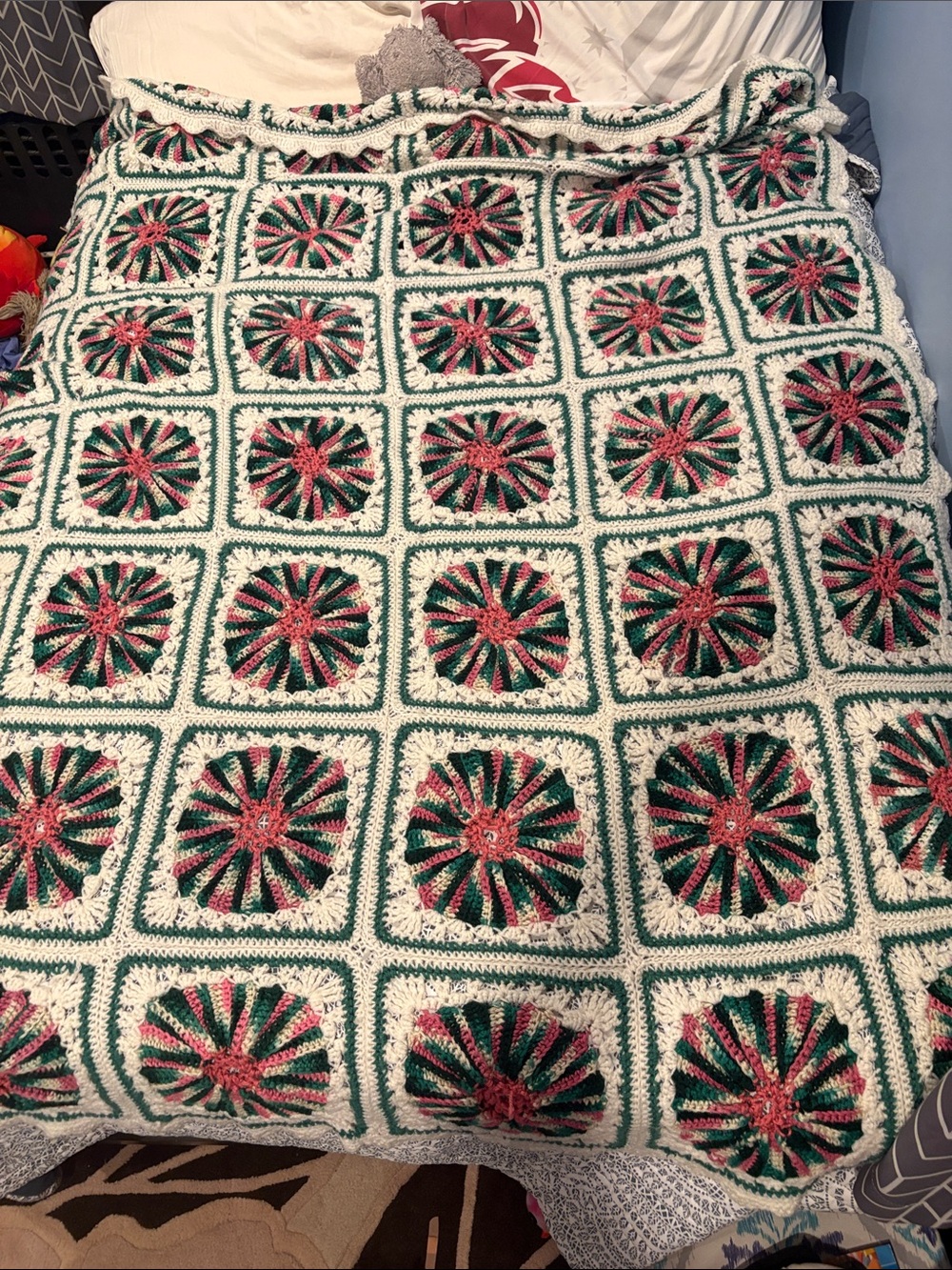 Handmade Crochet Blanket - twin or full Green, White & Pink